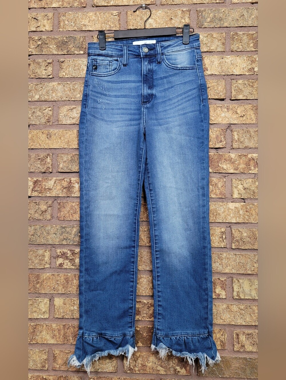 KanCan High Rise Cropped Straight Jeans Distressed Ruffle Hem Fringe Size 25